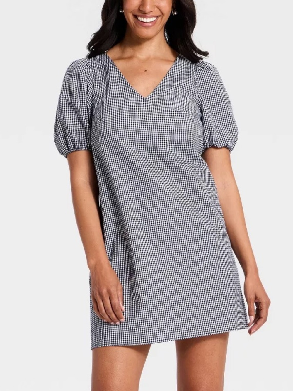 a new day Black & White Gingham V-Neck Puff-Sleeve Dress